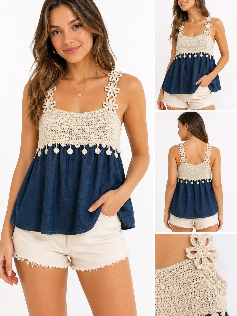 Boho Crochet Strap Denim Babydoll Top Women’s Small Flowy Beach Cottagecore